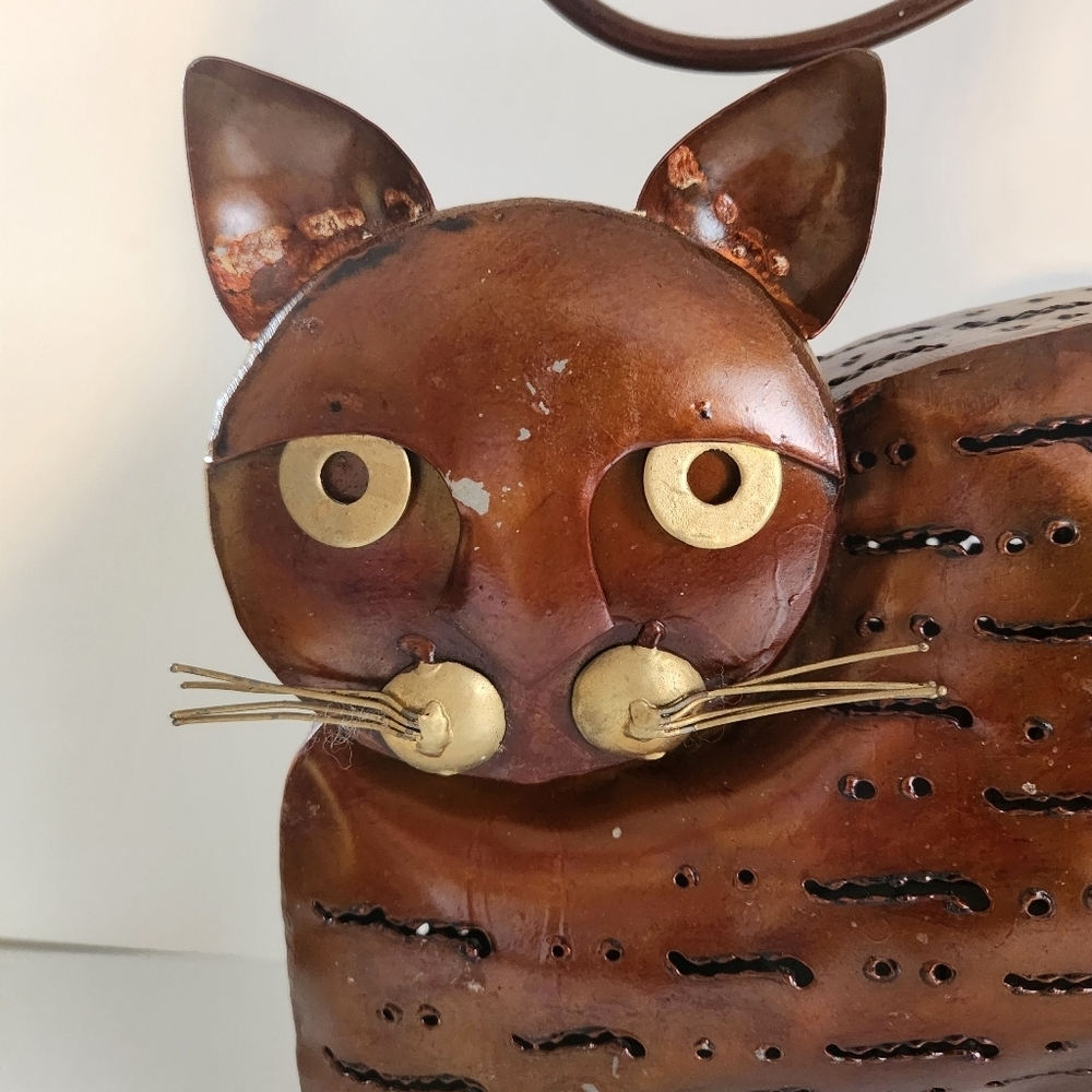 Vintage Folk art Fat Cat Cut Out Bronze Painted Metal Lantern Candle Holder Boho - Picture 2 of 6